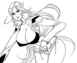 Rule 34 | 1girl, bad id, bb (baalbuddy), breasts, cleavage, covered erect nipples, cowboy shot, greyscale, groin, high collar, highres, inactive account, jacket, large breasts, leaning forward, long hair, long sleeves, looking at viewer, monochrome, navel, open clothes, open jacket, pants, parted lips, sagiri yuuko, simple background, smile, solo, triage x, very long hair, white background