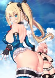 Rule 34 | 2girls, ass, aster crowley, bikini, bikini top only, blonde hair, blue eyes, breasts, cleavage, dead or alive, detached sleeves, frills, gloves, hair ornament, hair ribbon, highres, honoka (doa), large breasts, leotard, long hair, marie rose, multiple girls, pink hair, red eyes, ribbon, short hair, shorts, sideboob, skull hair ornament, sky, small breasts, smile, sweat, swimsuit, tecmo, teeth, thighhighs, torn clothes, twintails, underboob, wedgie