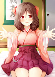 Rule 34 | 10s, 1girl, anchor, blush, bow, breasts, brown hair, drill hair, hair between eyes, hair bow, hakama, hakama skirt, harukaze (kancolle), japanese clothes, kantai collection, kimono, large breasts, long hair, looking at viewer, meiji schoolgirl uniform, open hands, pink kimono, red bow, red eyes, red hakama, rui shi (rayze ray), scroll, sitting, skirt, smile, solo, twin drills, wariza, wide sleeves
