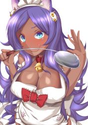 Rule 34 | 1girl, absurdres, animal ears, apron, aqua eyes, bell, blush, breasts, cleavage, collar, collarbone, cosplay, dark-skinned female, dark skin, fate/grand order, fate (series), highres, ingaritsu72, large breasts, long hair, looking at viewer, maid headdress, naked apron, nearly naked apron, purple hair, queen of sheba (fate), simple background, smile, solo, spoon, tamamo (fate), tamamo cat (fate), tamamo cat (fate) (cosplay), tamamo cat (third ascension) (fate), tongue, white background