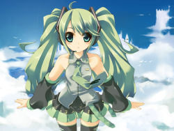 Rule 34 | 1girl, amanooni touri, day, green hair, hatsune miku, sky, solo, thighhighs, twintails, vocaloid