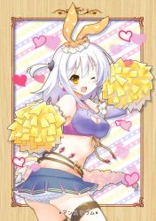 Rule 34 | 1girl, accessories, anthurium (flower knight girl), artist request, blush, breasts, character name, cheerleader, cleavage cutout, clothing cutout, flower knight girl, hair ribbon, medium breasts, miniskirt, one eye closed, open mouth, panties, ribbon, silver hair, skirt, solo, underwear, yellow eyes