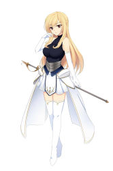 Rule 34 | 1girl, blonde hair, boots, breasts, elbow gloves, gloves, highres, knight, large breasts, long hair, nehani (tworship), original, overskirt, pleated skirt, red eyes, simple background, skirt, solo, sword, thigh boots, thighhighs, weapon, white background, white gloves, white thighhighs, zettai ryouiki