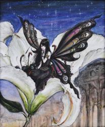 Rule 34 | 1girl, antennae, artist request, black hair, building, butterfly wings, closed eyes, dress, flower, insect wings, j-rock, long hair, mini person, minigirl, outdoors, sitting, sky, star (sky), traditional media, wings, yousei teikoku, yui (yousei teikoku)
