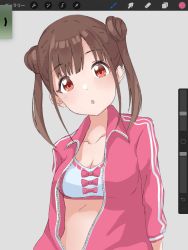 Rule 34 | 1girl, blush, bow, bra, breasts, brown hair, cleavage, collarbone, double bun, grey background, hair bun, highres, idolmaster, idolmaster shiny colors, jacket, long hair, long sleeves, looking at viewer, medium breasts, misekai 555, open clothes, open jacket, open mouth, pink bow, pink jacket, red eyes, short twintails, simple background, solo, sonoda chiyoko, track jacket, twintails, underwear, white bra