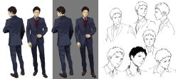 Rule 34 | 1boy, blue jacket, blue pants, blue suit, character sheet, collared shirt, formal, from behind, grey shirt, gundam, gundam hathaway&#039;s flash, hathaway noa, jacket, looking ahead, looking at viewer, looking to the side, male focus, multiple views, necktie, official art, pablo uchida, pants, production art, red neckwear, red vest, shirt, sketch, suit, vest