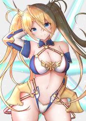 Rule 34 | 1girl, absurdres, arm behind head, bare shoulders, blonde hair, blue eyes, blush, bradamante (fate), bradamante (third ascension) (fate), braid, breasts, cleavage, cowboy shot, elbow gloves, fate/grand order, fate (series), gloves, highres, large breasts, long hair, looking at viewer, navel, nuts (hazel-nuts), sidelocks, smile, solo, twintails