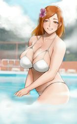 Rule 34 | 1girl, absurdres, bleach, breasts, flower, grin, hair flower, hair ornament, highres, inoue orihime, jnsdh, large breasts, long hair, looking at viewer, one-piece swimsuit, orange hair, outdoors, partially submerged, smile, solo, swimsuit, tagme, wading, water, white one-piece swimsuit