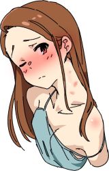 Rule 34 | 1girl, bare shoulders, blush, breasts, brown eyes, brown hair, hickey, idolmaster, idolmaster (classic), long hair, looking at viewer, minase iori, momo no suidou-sui, red eyes, simple background, small breasts, solo, strap slip, white background