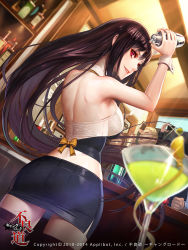 Rule 34 | 1girl, ass, bar (place), bare shoulders, black hair, bow, breasts, detached collar, drink, dutch angle, from behind, furyou michi ~gang road~, glass, indoors, large breasts, long hair, looking at viewer, looking back, mana (remana), midriff, miniskirt, nail polish, official art, red eyes, shaking, skindentation, skirt, smile, solo focus, thighhighs, very long hair, wrist cuffs, zettai ryouiki