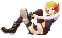 Rule 34 | 1girl, adjusting clothes, adjusting shoe, black thighhighs, blonde hair, boots, dressing, full body, garter straps, kurione (zassou), looking at viewer, open mouth, panties, red eyes, ribbon, rumia, short hair, sitting, smile, solo, thighhighs, touhou, underwear, white background, white panties
