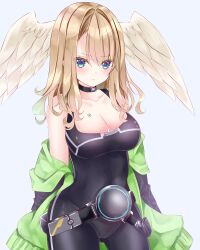 Rule 34 | 1girl, bare shoulders, black bodysuit, black jacket, blue background, blue eyes, blush, bodysuit, breasts, brown hair, cleavage, closed mouth, collarbone, eunie (xenoblade), feathered wings, hair between eyes, head wings, highres, jacket, looking at viewer, medium breasts, nanase nao, off shoulder, open clothes, open jacket, simple background, solo, wavy mouth, white wings, wings, xenoblade chronicles (series), xenoblade chronicles 3