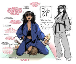 Rule 34 | 1boy, 1girl, assertive female, black hair, breasts, brown hair, cleavage, dougi, english text, femdom, highres, holding another&#039;s wrist, judo, kusujinn, large breasts, martial arts belt, open clothes, open mouth, original, pinned, smug, sports bra, straddling, tongue, tongue out, tsundere, twintails