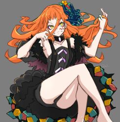 Rule 34 | 1girl, bare legs, bare shoulders, black dress, bow, closed mouth, cu9x9nelll2, dress, fire emblem, fire emblem engage, fur trim, highres, long hair, nintendo, orange hair, panette (fire emblem), playing with own hair, short bangs, solo, white bow, yellow eyes