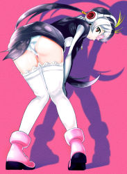 Rule 34 | 1girl, akegata tobari, bent over, black dress, black hair, commentary, crotch seam, dress, from behind, hair ornament, hands on own knees, headphones, heart, heart hair ornament, heel up, kemono friends, lace, lace-trimmed legwear, lace trim, long hair, long sleeves, looking at viewer, looking back, microdress, multicolored hair, panties, parted lips, penguin tail, pink background, pink footwear, royal penguin (kemono friends), shadow, shoes, solo, standing, tail, thigh gap, thighhighs, twintails, two-tone hair, underwear, whip, white panties, white thighhighs