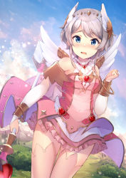 Rule 34 | 1girl, angel wings, back bow, blue eyes, blush, bow, bridal gauntlets, clenched hand, commentary request, cowengium, dress, eyebrows hidden by hair, frills, grey hair, hand up, head wings, heart, highres, holding, holding staff, looking at viewer, navel, nose blush, open mouth, outdoors, overskirt, princess connect!, short hair with long locks, solo, staff, thighhighs, wings, yori (angel) (princess connect!), yori (princess connect!)