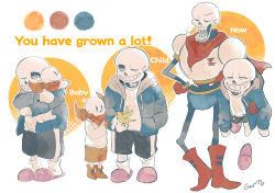 Rule 34 | 2boys, = =, age progression, aged down, bird, bird on hand, black sclera, black shorts, blue jacket, boots, brothers, cape, carrying, carrying person, carrying under arm, child, closed eyes, color guide, colored sclera, colored skin, drawstring, english text, full body, gloves, grin, gumo (gumo32), hand in pocket, hand on own hip, height difference, highres, hood, hood down, hooded jacket, jacket, knee boots, male focus, multiple boys, multiple views, one eye closed, open clothes, open jacket, open mouth, papyrus (undertale), pink footwear, red cape, red footwear, red gloves, red shorts, sans (undertale), shirt, shorts, siblings, simple background, skeleton, slippers, smile, socks, standing, undertale, white background, white shirt, white skin, white socks