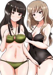 Rule 34 | 2girls, bikini, black hair, black one-piece swimsuit, blonde hair, blunt bangs, blush, breasts, brown eyes, cleavage, closed mouth, collarbone, covered navel, girls und panzer, green bikini, groin, halterneck, hand in own hair, highres, large breasts, long hair, looking at viewer, mature female, meiya, multiple girls, navel, nishizumi shiho, o-ring, o-ring bikini, one-piece swimsuit, shimada chiyo, side-by-side, simple background, smile, standing, swimsuit, white background, yuri