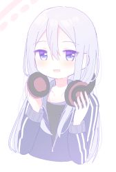 Rule 34 | 1girl, black tank top, blue eyes, blue jacket, collarbone, cropped torso, dot nose, enpera, flat chest, grey hair, hair behind ear, hair between eyes, hands up, headphones, headphones around neck, highres, jacket, jitome, light blush, long hair, looking afar, pale color, parted lips, partially unzipped, project sekai, scarf, simple background, smile, solo, straight hair, tank top, track jacket, very long hair, white background, yoisaki kanade, yuki (33098065), zipper