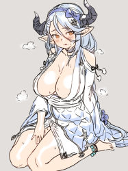 Rule 34 | 1girl, blue hair, blush, braid, breasts, brown eyes, draph, granblue fantasy, highres, horns, houtengeki, izmir, japanese clothes, kimono, large breasts, light blue hair, long sleeves, looking at viewer, no bra, pointy ears, solo, thighs, wide sleeves