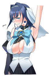 Rule 34 | 1girl, absurdres, arm up, armpits, black skirt, blue bow, blue eyes, blue gemstone, blue hair, blush, bow, bow earrings, breasts, chain, chain headband, cleavage, cleavage cutout, clenched teeth, clothing cutout, crop top, detached sleeves, earrings, embarrassed, english text, gem, gom (kooskoo), grimace, hair intakes, head chain, headband, headpiece, heart-shaped gem, highres, hololive, hololive english, huge breasts, jewelry, looking at viewer, miniskirt, ouro kronii, presenting armpit, shirt, skirt, striped clothes, striped shirt, striped skirt, teeth, veil, vertical-striped clothes, vertical-striped shirt, virtual youtuber, white background, white shirt, white veil, zipper