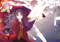 Rule 34 | 1boy, 1girl, archer (fate), brown hair, coat, fate/stay night, fate (series), field of blades, jacket, jewelry, kuroda, long coat, necklace, red coat, red jacket, tohsaka rin, two side up, white hair