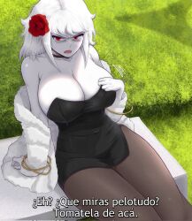 Rule 34 | 1girl, argentina, black dress, breasts, choker, cleavage, colored skin, covered navel, dress, fang, flower, hair flower, hair ornament, highres, jacket, large breasts, medium hair, original, pantyhose, red eyes, skin tight, solo, spanish commentary, spanish text, subtitled, tidal, white hair, white skin