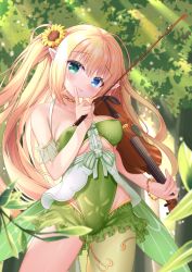 Rule 34 | 1girl, :p, bare shoulders, blonde hair, blue eyes, blush, bow (music), breasts, clothing cutout, collarbone, covered navel, day, detached sleeves, flower, forest, frilled panties, frills, green eyes, green legwear, green leotard, green panties, hair flower, hair ornament, hand up, heterochromia, highres, hiyada yuu, holding, holding instrument, holding violin, index finger raised, instrument, leotard, long hair, medium breasts, nature, original, outdoors, panties, pointy ears, sidelocks, single leg pantyhose, solo, sunflower, sunflower hair ornament, thighs, tongue, tongue out, tree, two side up, underboob, underboob cutout, underwear, very long hair, violin