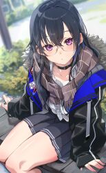 Rule 34 | 1girl, absurdres, bench, black collar, black jacket, blue jacket, brown scarf, collar, dress shirt, grey necktie, grey skirt, highres, horns, houndstooth, ichinose uruha, ichinose uruha (6th costume), jacket, long hair, looking at viewer, miniskirt, multicolored clothes, multicolored hair, multicolored horns, multicolored jacket, necktie, outdoors, partially unbuttoned, pleated skirt, print necktie, ruo19, scarf, shirt, sitting, skirt, solo, streaked hair, thighs, two-tone jacket, virtual youtuber, vspo!, white shirt, wing collar, wolf cut