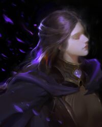Rule 34 | 1girl, black background, black hair, brooch, cape, closed eyes, closed mouth, collar, dark background, dress, energy, expressionless, eyelashes, gem, glowing, highres, jewelry, lips, long hair, nose, original, pale skin, petals, portrait, profile, purple hair, realistic, shirt, simple background, solo, tight clothes, tight shirt, upper body, yuming li