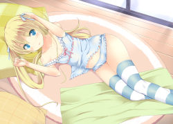 Rule 34 | 1girl, blonde hair, blue eyes, blush, collarbone, dekochin hammer, hair ribbon, highres, long hair, looking at viewer, lying, on side, original, pillow, ribbon, solo, striped clothes, striped thighhighs, thighhighs, twintails