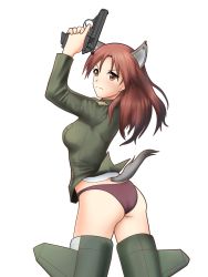 Rule 34 | 1girl, animal ears, ass, blush, breasts, closed mouth, dog ears, dog tail, ehou mangan, gun, handgun, highres, large breasts, long hair, military, military uniform, minna-dietlinde wilcke, orange eyes, panties, pistol, red hair, red panties, simple background, solo, strike witches, striker unit, tail, underwear, uniform, weapon, white background, world witches series