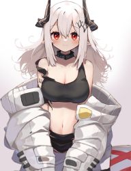 Rule 34 | 1girl, absurdres, arknights, bare shoulders, black choker, blush, breasts, choker, cleavage, commentary request, crop top, gradient background, grey background, hair between eyes, highres, horns, infection monitor (arknights), large breasts, long hair, long sleeves, looking at viewer, material growth, midriff, moti yousei, mudrock (arknights), mudrock (elite ii) (arknights), navel, off shoulder, oripathy lesion (arknights), partial commentary, pointy ears, red eyes, silver hair, smile, solo, sports bra, stomach, strap slip, upper body, white background
