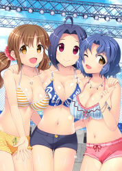 Rule 34 | 10s, 3girls, :d, ;d, ahoge, antenna hair, arm around shoulder, bare shoulders, bikini, bikini shorts, blue bikini, blue hair, blush, bow, bow bikini, breast press, breasts, brown eyes, brown hair, cleavage, clothes writing, collarbone, crossover, frilled bikini, frills, girl sandwich, highres, idolmaster, idolmaster (classic), idolmaster cinderella girls, idolmaster million live!, index finger raised, jewelry, large breasts, lens flare, looking at viewer, mismatched bikini, miura azusa, multiple girls, navel, necklace, o-ring, o-ring top, one eye closed, open mouth, pink bikini, red eyes, sandwiched, shiny skin, short hair, shorts, smile, striped bikini, striped clothes, swimsuit, thigh gap, totoki airi, totokichi, toyokawa fuka, twintails