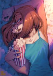 Rule 34 | 1girl, animal nose, armpits, artist name, black-framed eyewear, black nails, blue camisole, breasts, brown eyes, brown hair, camisole, fewer digits, fingernails, food, food in mouth, furry, furry female, glasses, highres, inuki (aruurara), looking at viewer, lying, medium hair, mouth hold, nail polish, on back, popcorn, round eyewear, sharp fingernails, sing (movie), sing 2, small breasts, snout, solo, suki lane, teeth, upper body, upper teeth only