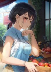 Rule 34 | 0v0 (l seohui), 1girl, absurdres, apple, apron, black hair, blue sky, blush, bracelet, brown pants, bush, cloud, cloudy sky, day, denim apron, english text, food, fruit, hair ribbon, hand on own chin, highres, holding, jewelry, light, looking at viewer, original, outdoors, pants, ponytail, red eyes, reflection, ribbon, shade, shirt, short sleeves, sidelocks, sign, single sidelock, sky, solo, standing, sunlight, sweatdrop, white shirt, window