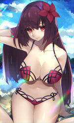 Rule 34 | 1girl, absurdres, alternate costume, bikini, breasts, cloud, cloudy sky, commentary request, day, fate/grand order, fate (series), flower, hair intakes, hair ornament, hand in own hair, hibiscus, highres, large breasts, legs together, ocean, outdoors, pink bikini, purple bikini, purple hair, red eyes, reirou (chokoonnpu), scathach (fate), scathach (fate), scathach (swimsuit assassin) (fate), sky, smile, solo, swimsuit, waving