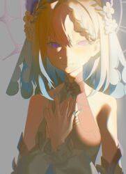 Rule 34 | 1girl, blonde hair, blue nails, braid, commentary, detached sleeves, english commentary, enna alouette, flower, grey shirt, hair behind ear, hair branch, hair flower, hair ornament, halter shirt, halterneck, hands on own chest, highres, light smile, looking at viewer, muted color, nijisanji, nijisanji en, purple eyes, shirt, smile, solo, veil, virtual youtuber, xi chang hui shui, yellow flower