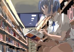 Rule 34 | 1girl, absurdres, blue hair, blue ribbon, book, bookshelf, cevio, closed mouth, collared shirt, commentary request, expressionless, feet out of frame, from side, grey eyes, hairband, highres, holding, holding book, indoors, kabuyama kaigi, library, neck ribbon, open book, reading, ribbon, shirt, short hair, short shorts, short sleeves, shorts, solo, squatting, suzuki tsudumi, vanishing point, white shirt, window