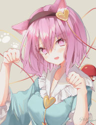 Rule 34 | 1girl, animal ear fluff, animal ears, artist name, black hairband, blue shirt, blush, breasts, cat day, cat ears, commentary, fang, frilled shirt collar, frilled sleeves, frills, grey background, hair between eyes, hair ornament, hairband, hands up, head tilt, heart, heart hair ornament, kemonomimi mode, komeiji satori, long sleeves, looking at viewer, medium breasts, open mouth, paw pose, paw print, pink eyes, pink hair, shiromoru (yozakura rety), shirt, short hair, signature, simple background, solo, third eye, touhou, upper body, wide sleeves