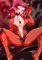 Rule 34 | 1girl, biker clothes, bikesuit, blush, bodysuit, breasts, brown eyes, card, cleavage, clenched teeth, d-wheel, female focus, gloves, hairband, heart, highres, izayoi aki, large breasts, navel, red eyes, red hair, short hair, sitting, smile, solo, spread legs, straw (yokubou hiroba), teeth, unzipped, valentine, yu-gi-oh!, yu-gi-oh! 5d&#039;s