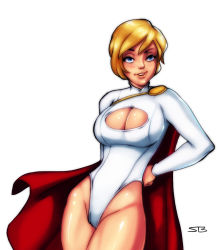 Rule 34 | 1girl, alien, blonde hair, blue eyes, breasts, cape, cleavage, dc comics, gloves, grin, hand on own hip, leotard, looking at viewer, power girl, red cape, smile, solo, standing, thighs, white leotard