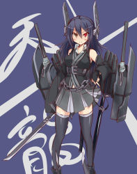 Rule 34 | 10s, 1girl, adapted costume, alternate hairstyle, boots, breasts, gloves, headgear, heterochromia, highres, kantai collection, kurokage, long hair, personification, purple hair, red eyes, skirt, smile, solo, sword, tenryuu (kancolle), thighhighs, turret, weapon, yellow eyes