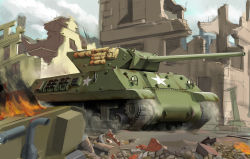 Rule 34 | absurdres, building, caterpillar tracks, cloud, commentary request, fire, highres, kuromori (1010845110), m10 tank destroyer, military, military vehicle, motor vehicle, no humans, original, sky, tank, tank destroyer, vehicle focus, world war ii