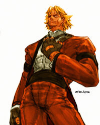 Rule 34 | 1boy, artist name, blonde hair, clenched hands, facial hair, fingerless gloves, formal, frown, gloves, hand on own chest, highres, looking at viewer, male focus, muscular, muscular male, mustache, nishimura kinu (style), red suit, rugal bernstein, serious, setsuna kasugano, shirt, short hair, solo, standing, suit, the king of fighters, v-shaped eyebrows, white background, white shirt