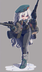 1girl absurdres aek-919 alcohol aqua_gloves aqua_hat aqua_shoes b1-517 beret black_pants bottle callsign:_cedar camouflage camouflage_jacket dual_wielding fang full_body gloves grey_background gun hat highres holding holding_gun holding_weapon jacket long_hair looking_at_viewer m/ mesugaki military_combat_uniform military_uniform mixed-language_commentary natasha_(callsign:_cedar) one_side_up open_mouth pants red_eyes red_star russian_commentary russian_text shoes simple_background skin_fang smile smug sneakers solo soviet star_(symbol) submachine_gun suppressor track_pants vdv very_long_hair vodka weapon white_hair