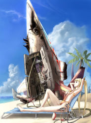 Rule 34 | 1girl, back tattoo, bad id, bad pixiv id, barefoot, beach, blonde hair, blood, breasts, cable, chair, cloud, cyborg, day, dodonpachi, dodonpachi daioujou, dodonpachi saidaioujou, long hair, lounge chair, lying, mecha, medium breasts, on back, one-piece thong, outdoors, palm tree, panties, parody, red eyes, robot, science fiction, shuri (saidaioujou), sideboob, sky, slingshot swimsuit, smile, solo, swimsuit, tattoo, thong, tottema, tree, twintails, underwear, wreckage