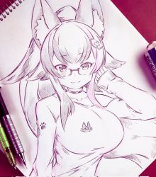 Rule 34 | 1girl, :3, animal ear fluff, animal ears, breasts, choker, closed mouth, collarbone, corrupted twitter file, glasses, hair ornament, highres, hololive, large breasts, long hair, looking at viewer, ookami mio, ookami mio (casual), pen, pencil, ponytail, sketch, smile, solo, traditional media, translation request, tsukareta san, virtual youtuber, wolf ears