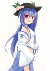 Rule 34 | 1girl, animal ears, bad id, bad pixiv id, bandages, blue hair, blush, chimunge, cosplay, detached sleeves, female focus, food, fruit, hat, highres, hinanawi tenshi, kochiya sanae, kochiya sanae (cosplay), long hair, long sleeves, looking at viewer, midriff, open mouth, peach, red eyes, sarashi, shirt, skirt, smile, solo, touhou, wide sleeves