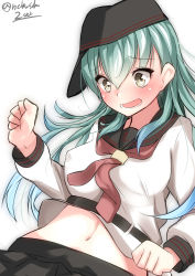 Rule 34 | 1girl, akatsuki (kancolle) (cosplay), akatsuki (kancolle), alternate costume, anchor symbol, aqua hair, bad id, bad pixiv id, blush, breasts, commentary request, cosplay, female focus, flat cap, hat, highres, kantai collection, large breasts, long hair, long sleeves, navel, nebusoku, neckerchief, open mouth, pleated skirt, remodel (kantai collection), school uniform, serafuku, simple background, skirt, solo, suzuya (kancolle), twitter username, white background